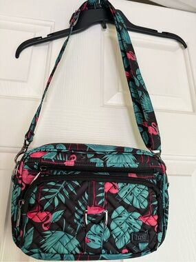 Lug Carousel  Crossbody Bag and Tram Wallet- Black with Teal & Pink Flamingo